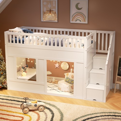 White wooden house bunk bed - white,